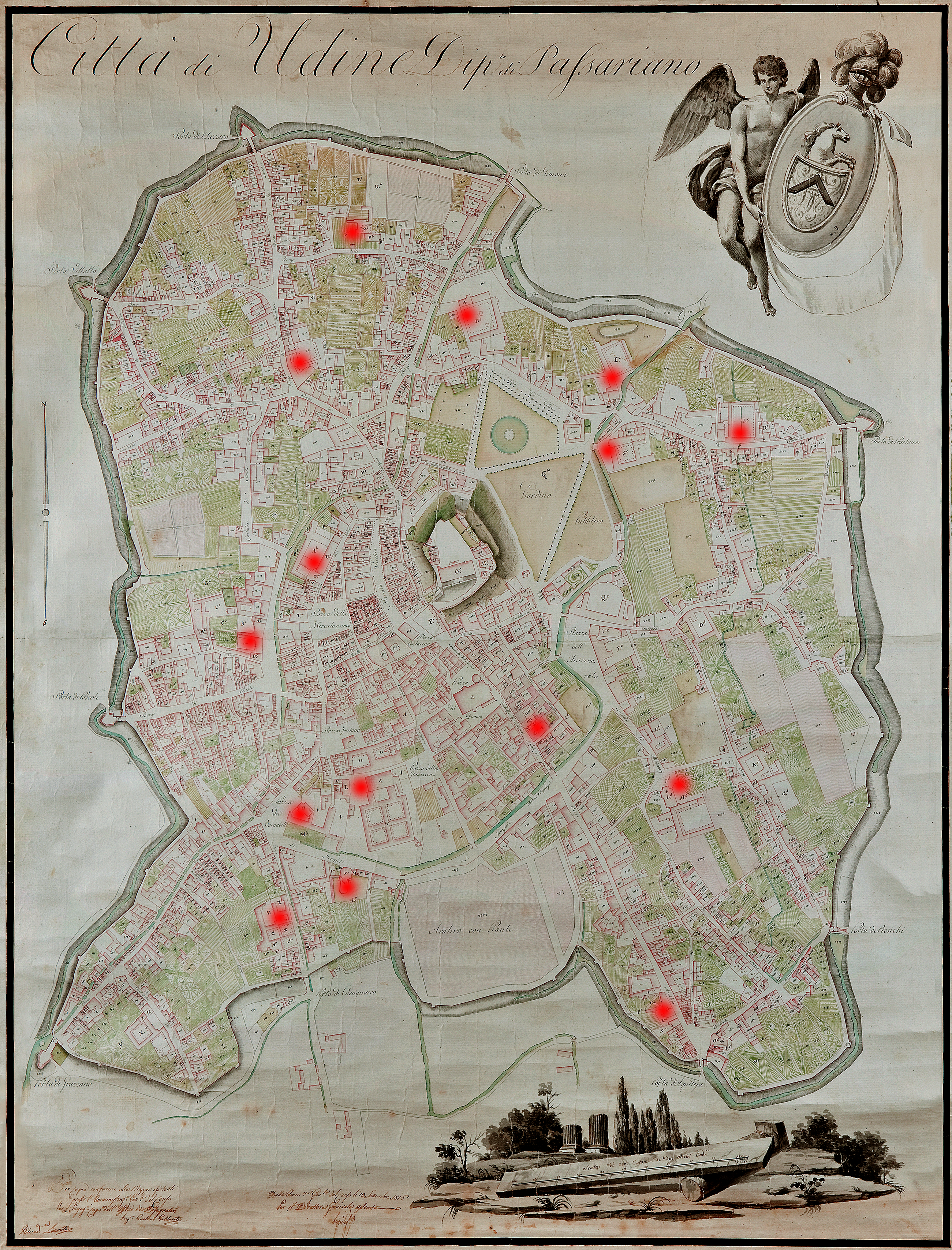 1816, Mappa catastale della città di Udine con riferimenti (ASUd, Mappe a scala ridotta, 1811-1822)
